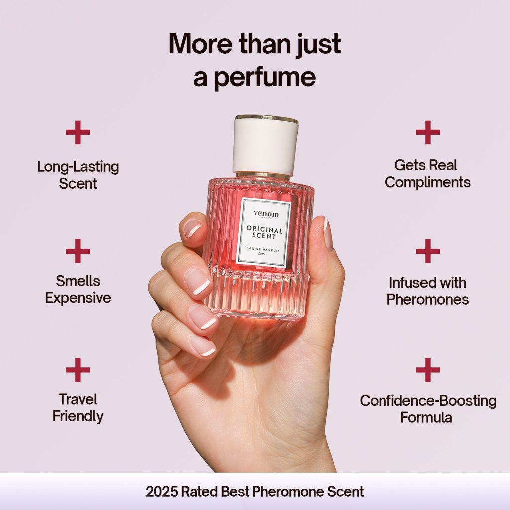 Venom Scents pheromone perfume marketing claims including infused with pheromones and confidence boosting