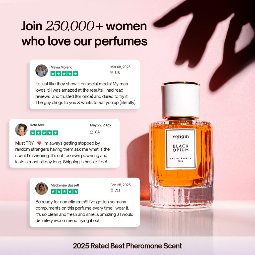 Venom pheromone perfume for women testimonial cards all mentioning compliments