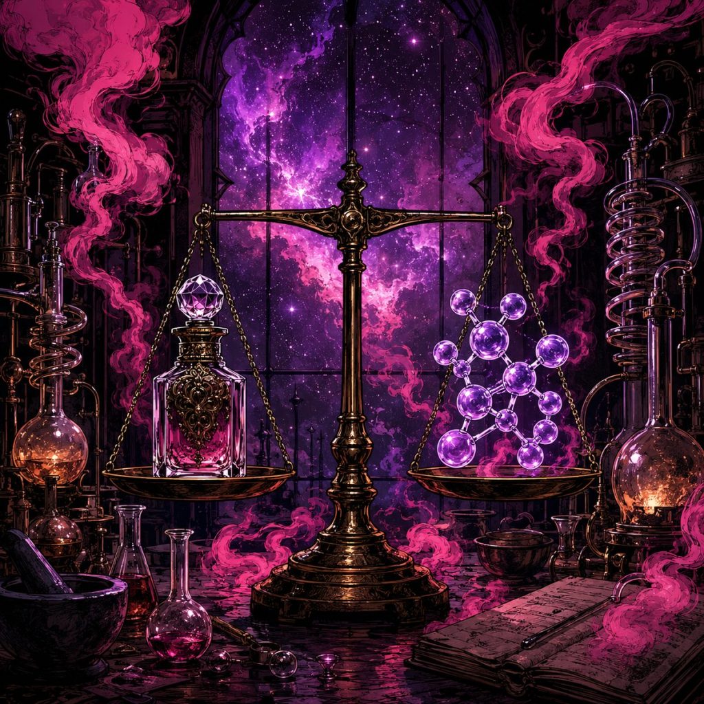 Colognes With Pheromones: What Actually Works, and Why Most Don't colognes with pheromones - cologne bottle balancing against glowing pheromone molecules on an alchemist scale