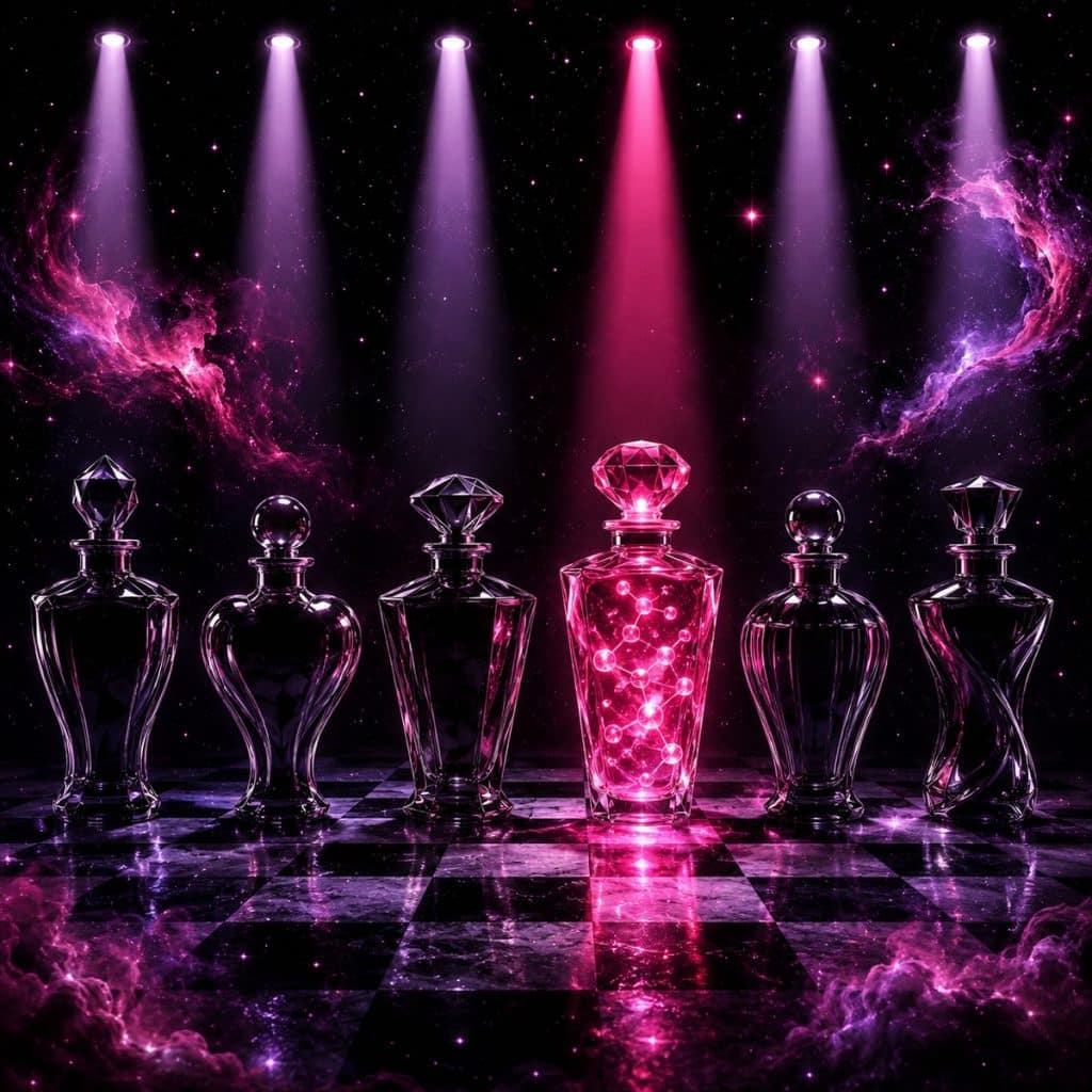 perfumes with pheromones - lineup of hollow perfume bottles and one glowing with real pheromone molecules