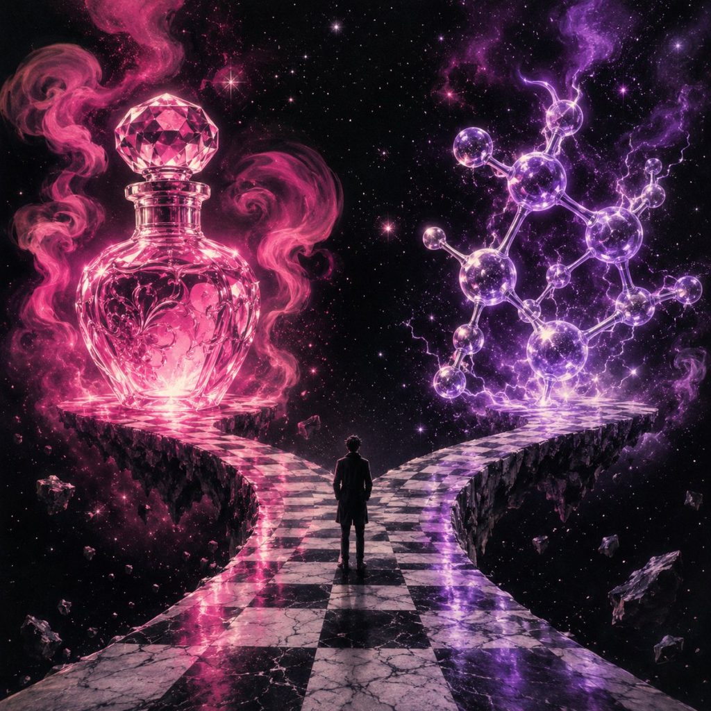 pheromone fragrance choice - figure at a cosmic fork between a giant perfume bottle and a glowing pheromone molecule