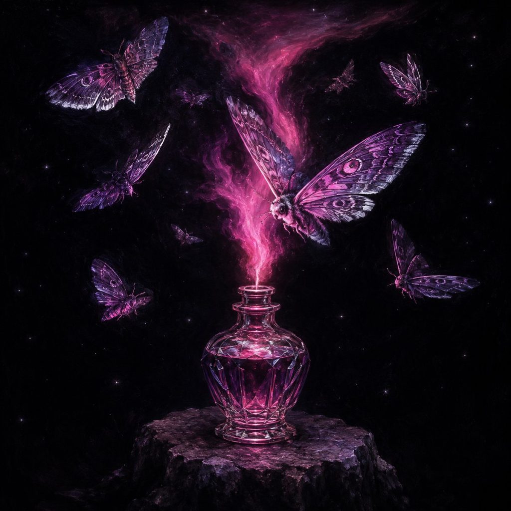 pheromone perfume that attracts men - moths drawn helplessly toward a perfume bottle glowing like a flame
