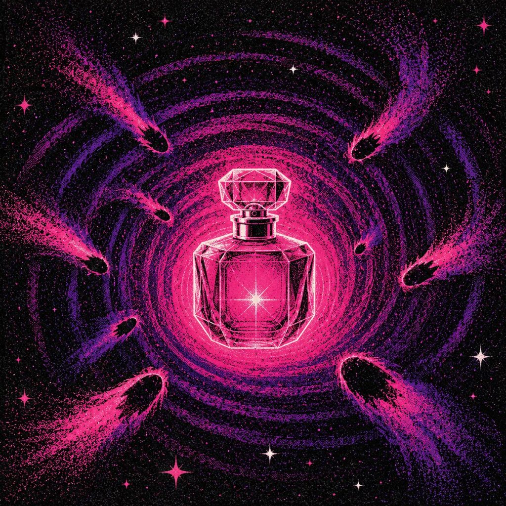 Best Pheromones for Women To Attract Men (2026) ❤️ Mesmeric Presence, Intoxicating Desire & Irresistible Aura best pheromone perfumes for women - perfume bottle radiating a gravity well that pulls comets into orbit