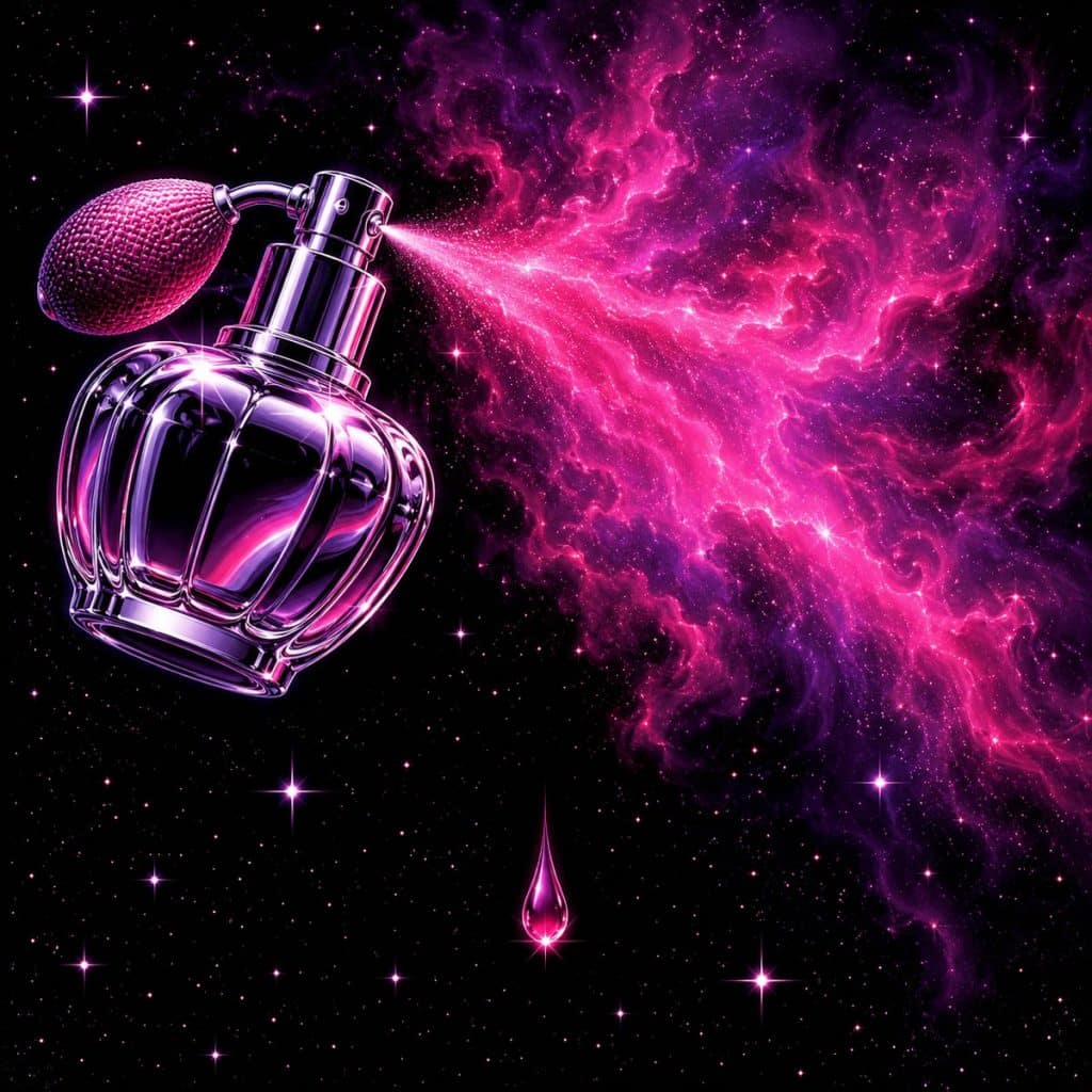pheromone spray - chrome atomizer misting a wide nebula cloud beside a single dense pheromone oil drop